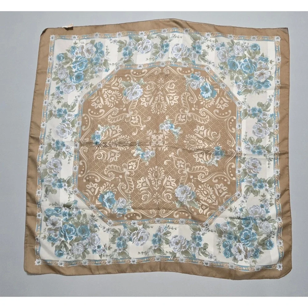 Berkshire Floral Scarf Blue Brown Roses Damask Earth Tones Italy Polyester 30x31